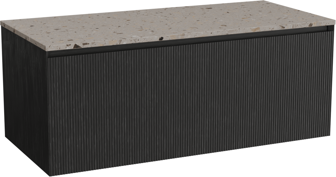 Balmani Fila by Mitra zwevend badmeubel 120 x 55 cm zwart eiken met Stretto enkel of dubbel wastafelblad in terrazzo greige terrazzo, Verticale symmetrische rechte ribbel