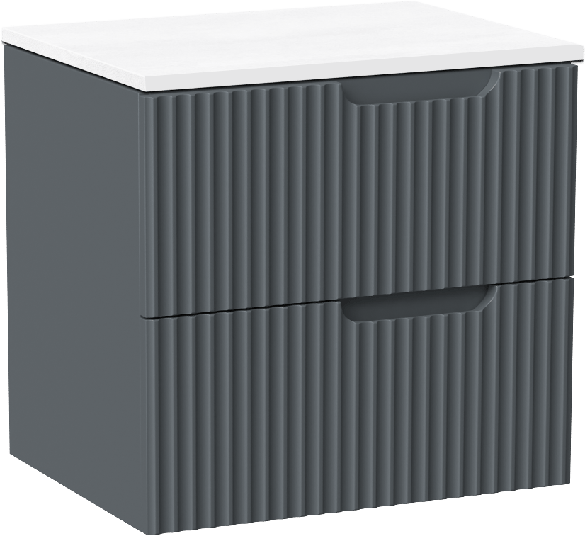 Linie Ribbo zwevend badkamermeubel 60 x 46 cm blauw antraciet met Lado enkel tablet in composietmarmer mat wit, Verticale symmetrische ronde ribbel