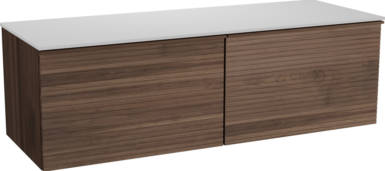 Balmani Forma zwevend badkamermeubel 150 x 55 cm amerikaanse notelaar met Stretto enkel of dubbel tablet in solid surface mat wit, Horizontale symmetrische rechte ribbel