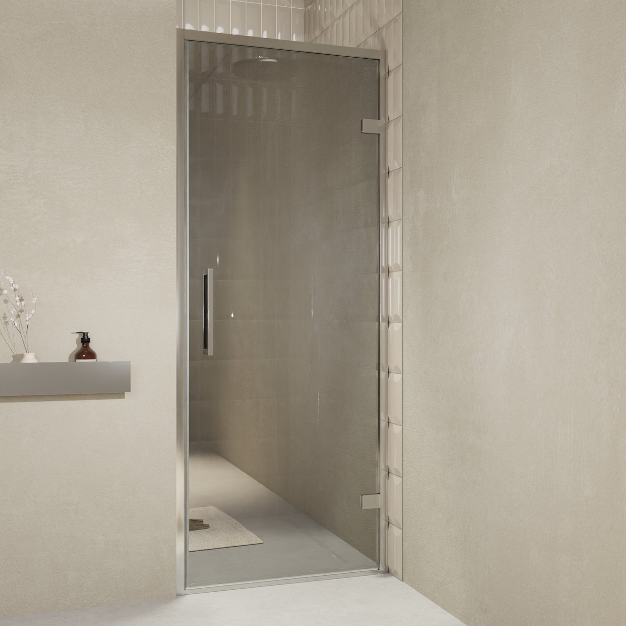 Balmani Senses Design porte pivotante à droite 90 cm x 210 cm verre Miroir Reflex, Profil chrome