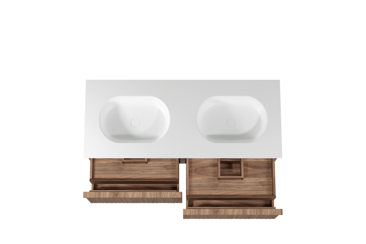 Balmani Forma zwevend badkamermeubel 135 x 55 cm amerikaanse notelaar met Tablo Oval dubbele wastafel in solid surface mat wit, Verticale asymmetrische ronde ribbel