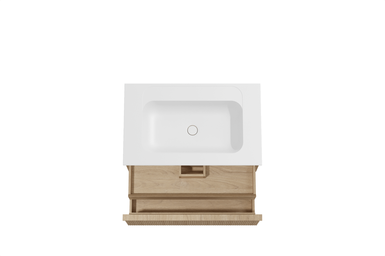 Balmani Forma meuble salle de bains suspendu 90 x 55 cm chêne naturel avec Tablo Strada plan simple en marbre composite blanc mat, Nervure droite symétrique verticale