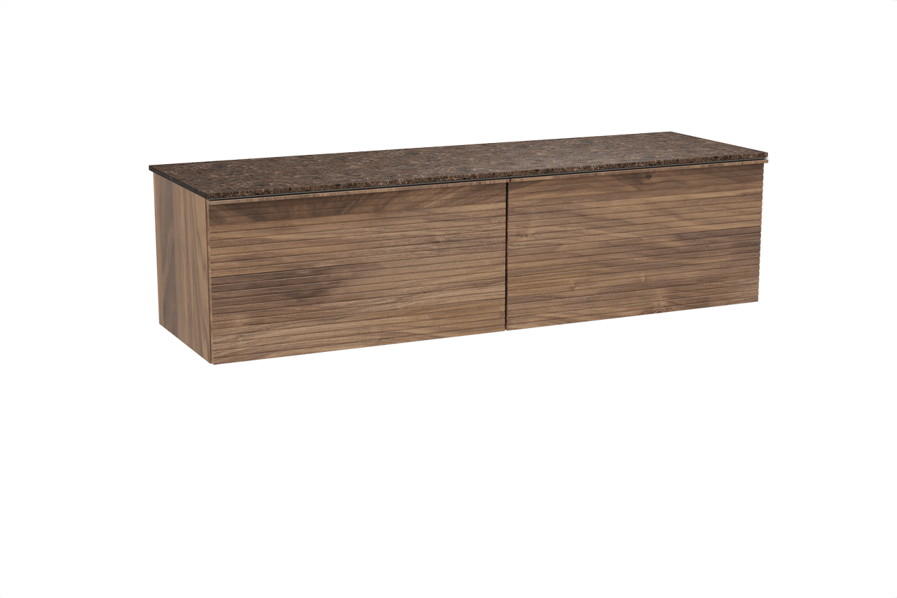 Balmani Forma hängendes Möbelstück Set: 180 x 55 cm, Amerikanischer Nussbaum, mit Stretto Einzel- oder Doppel Waschtischplatte, Marmor, Dark Emperador, Horizontale symmetrische gerade Rippe