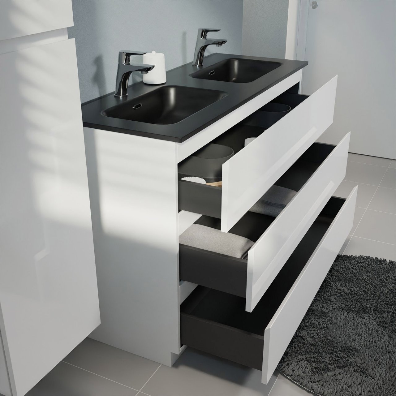 Linie Lado freistehendes Möbelstück Set: 120 x 46 cm, Weiß matt, mit Baro Doppelwaschtisch, Porzellan Schwarz matt