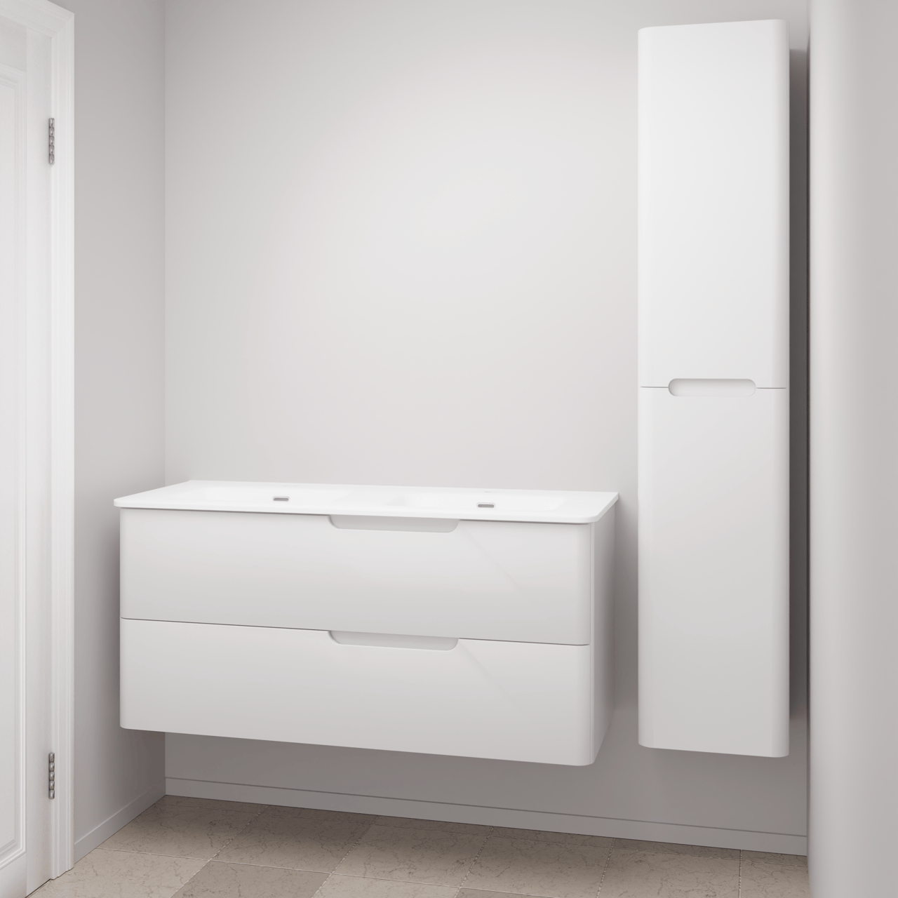 Linie Curvo meuble salle de bains suspendu 120 x 46 cm blanc brillant avec Baro Curvo double vasque en porcelaine blanc brillant et Curvo colonne salle de bains