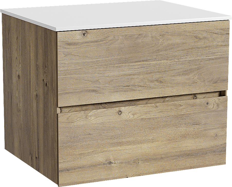 Storke Edge zwevend badmeubel 65 x 52 cm ruw eiken met Tavola enkel wastafelblad in solid surface mat wit