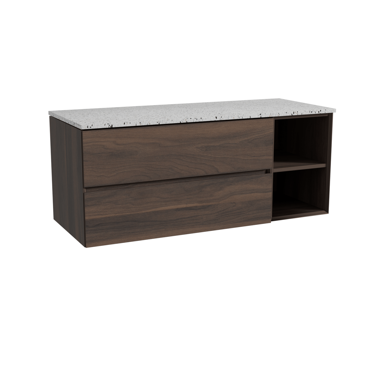 Storke Edge hängendes Möbelstück Set: 130 x 52 cm, Nussbaum, mit Tavola Einzel- oder Doppel Waschtischplatte, Terrazzo in Weiß/Schwarz matt