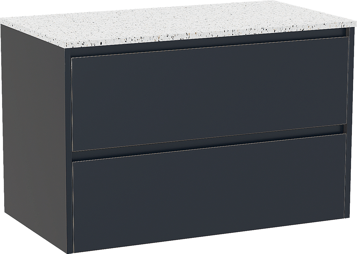 Storke Seda zwevend badmeubel 95 x 52 cm nachtblauw met Tavola enkel wastafelblad in mat wit/zwart terrazzo