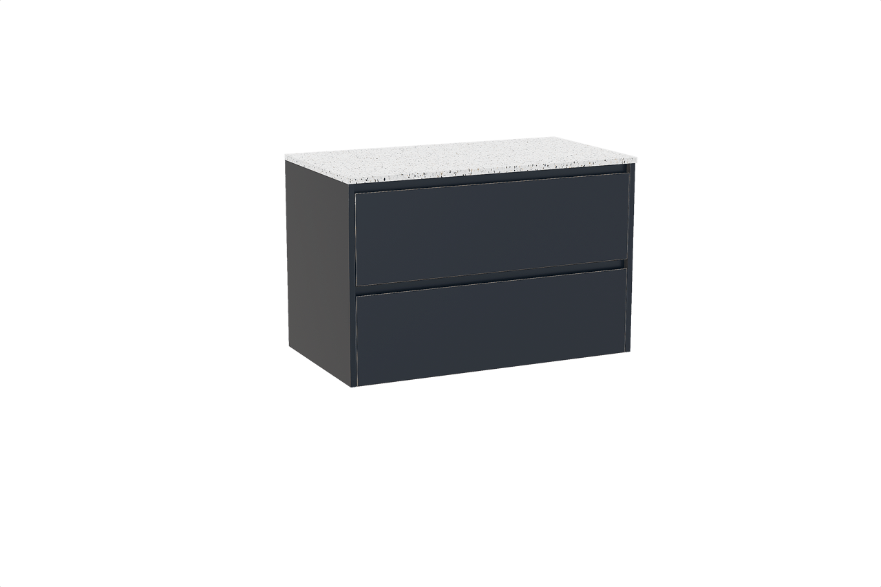 Storke Seda meuble salle de bains suspendu 95 x 52 cm bleu nuit avec Tavola tablette simple en blanc/noir mat terrazzo