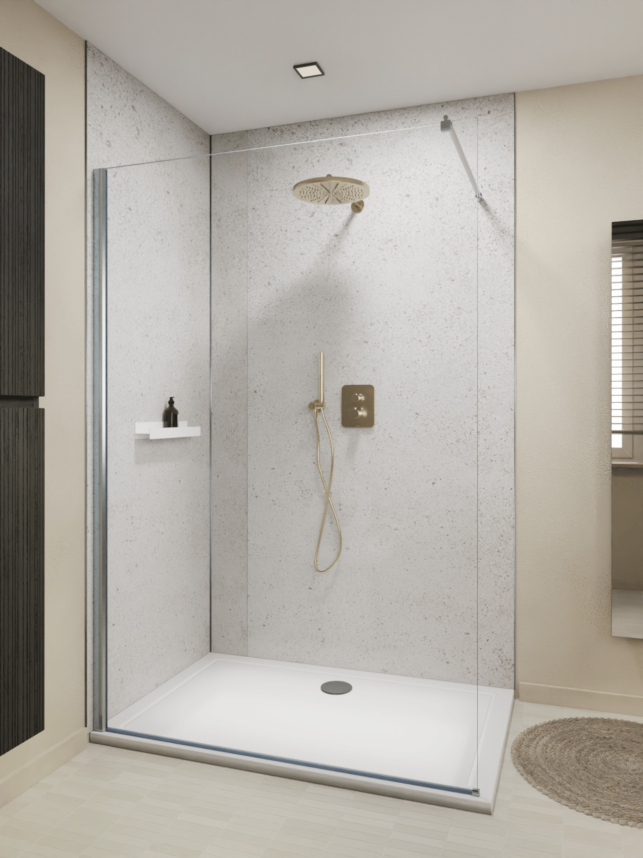 Luca Varess Artdeco Duschrückwand: 120 x 244 cm, Alu-Komposit, Weiße Terrazzo, matt