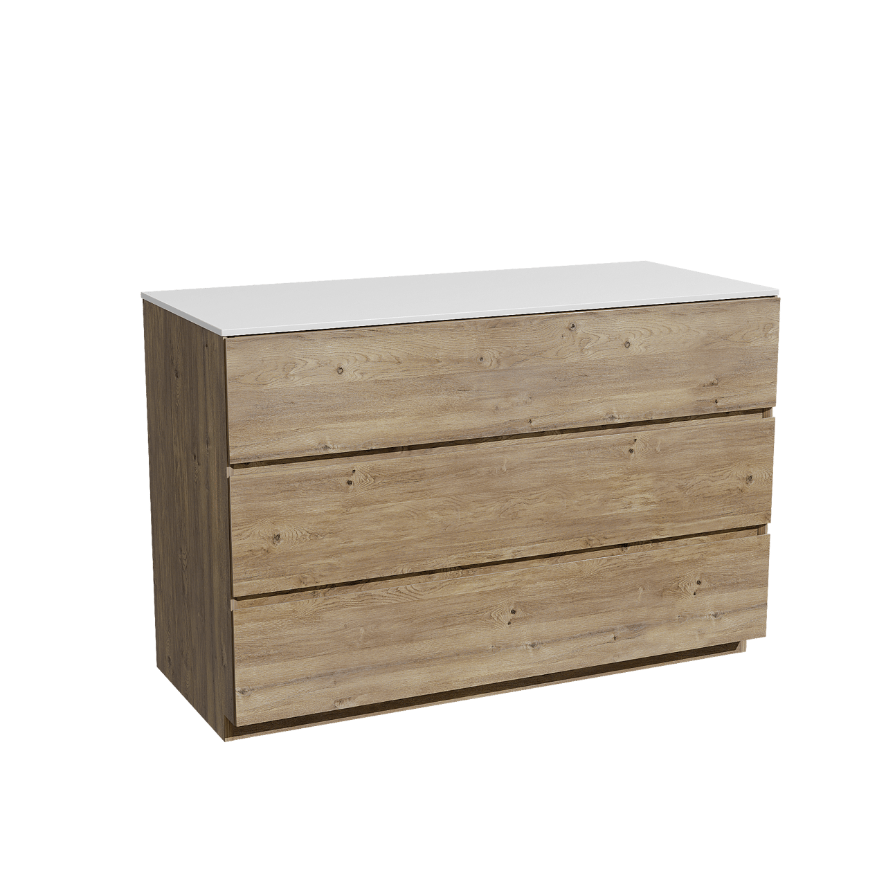 Storke Edge freistehendes Möbelstück Set: 120 x 52 cm, Rohe Eiche, mit Tavola Einzel- oder Doppel Waschtischplatte, Solid Surface Weiß matt