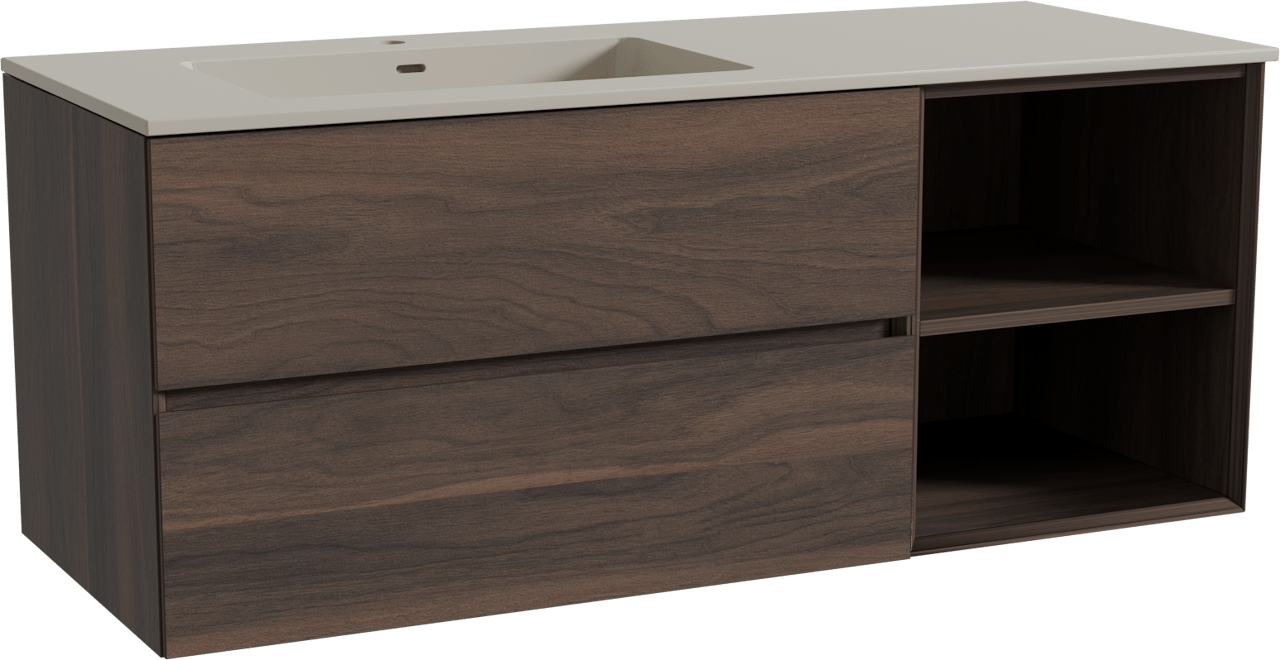 Storke Edge hängendes Möbelstück Set: 130 x 52 cm, Nussbaum, mit Diva Waschtisch links, Top Solid Seidengrau