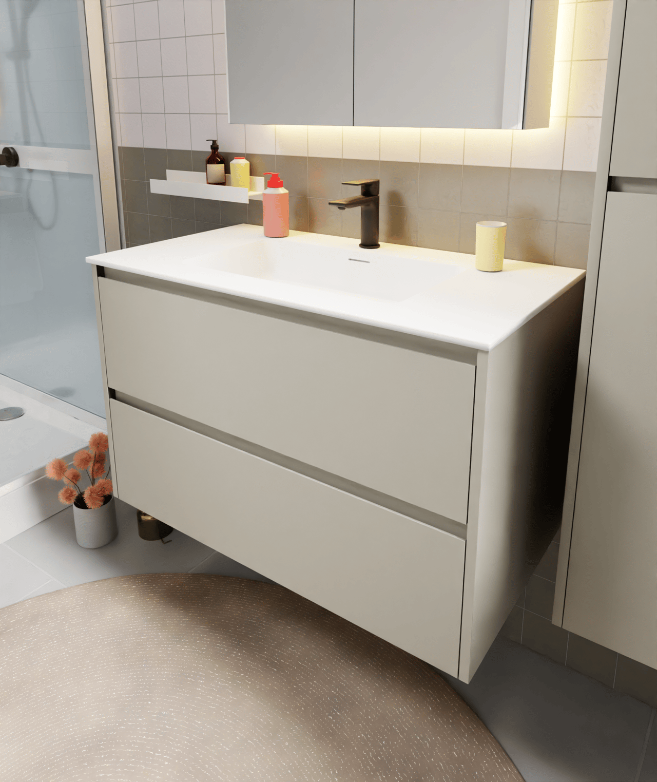 Storke Seda meuble sous-lavabo suspendu 95 x 52 cm soie grise 2 tiroirs