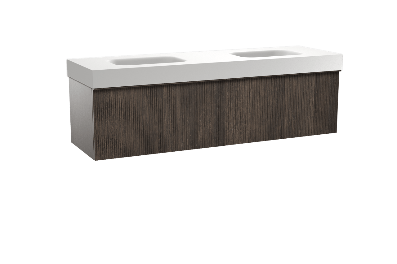 Balmani Forma zwevend badkamermeubel 180 x 55 cm gerookte eik met Arcato dubbele wastafel in solid surface mat wit, Verticale symmetrische rechte ribbel