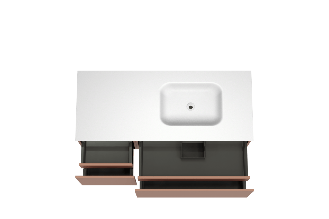 Balmani Sfera meuble salle de bains suspendu 135 x 55 cm cotto avec Tablo Arcato plan vasque asymétrique à droite en solid surface blanc mat