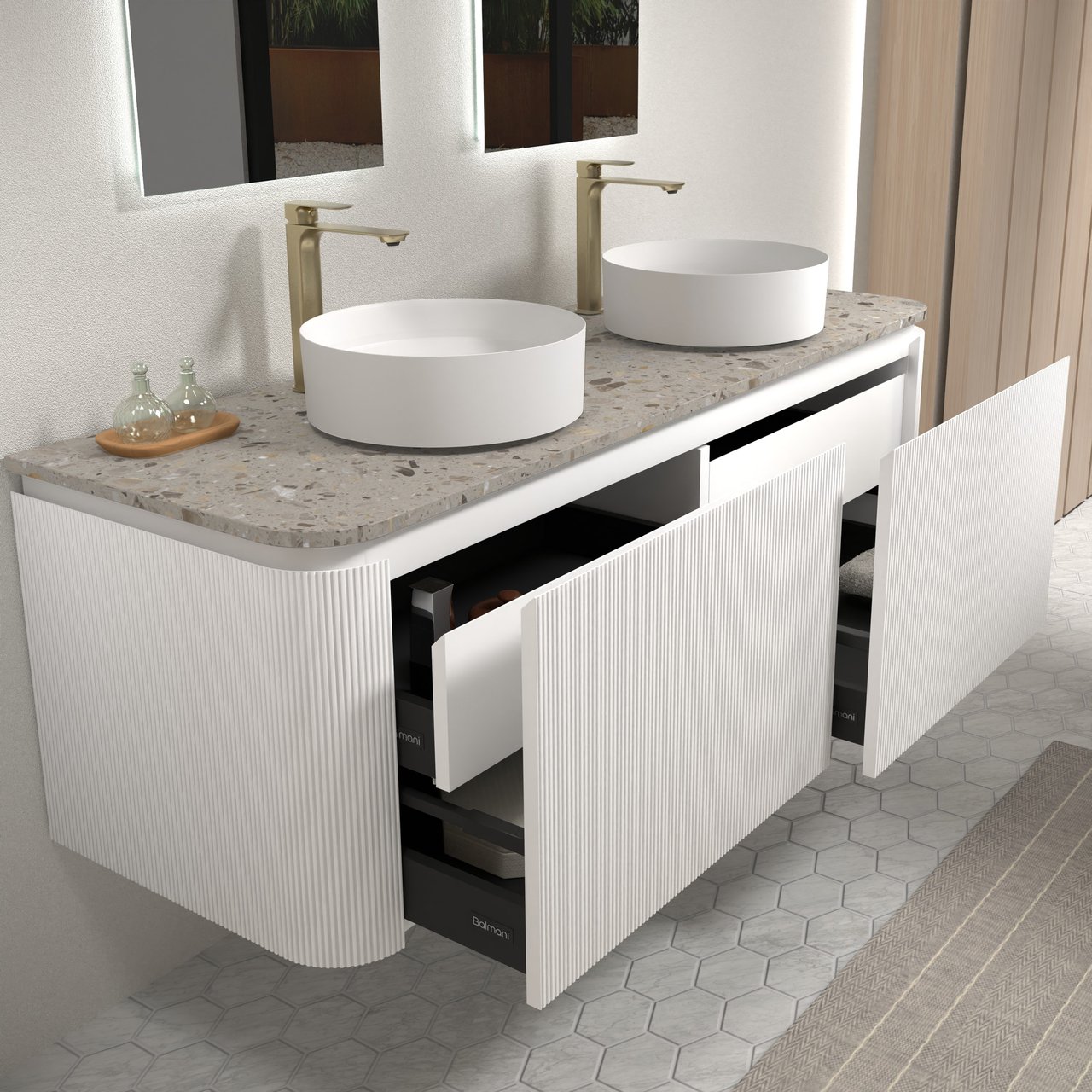 Balmani Moon hängendes Möbelstück Set: 160 x 55 cm, Weiß matt, mit Moon Einzel- oder Doppel Waschtischplatte, Terrazzo in Greige, Vertikale symmetrische gerade Rippe