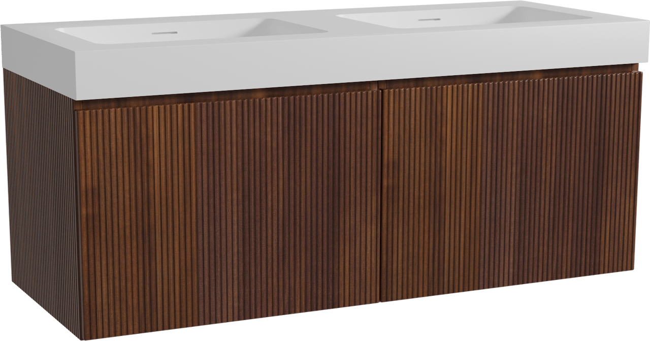 Storke Ribs hängendes Möbelstück Set: 130 x 52 cm, Nussbaum, mit Mata High Doppelwaschtisch, Solid Surface, Weiß matt, Vertikale symmetrische gerade Rippe