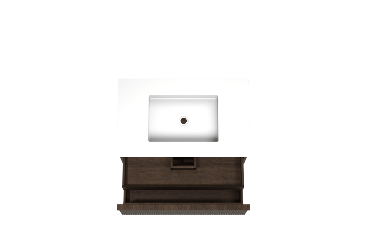 Balmani Forma zwevend badkamermeubel 90 x 55 cm gerookte eik met Tablo Stretto enkele wastafel in solid surface mat wit, Verticale symmetrische rechte ribbel