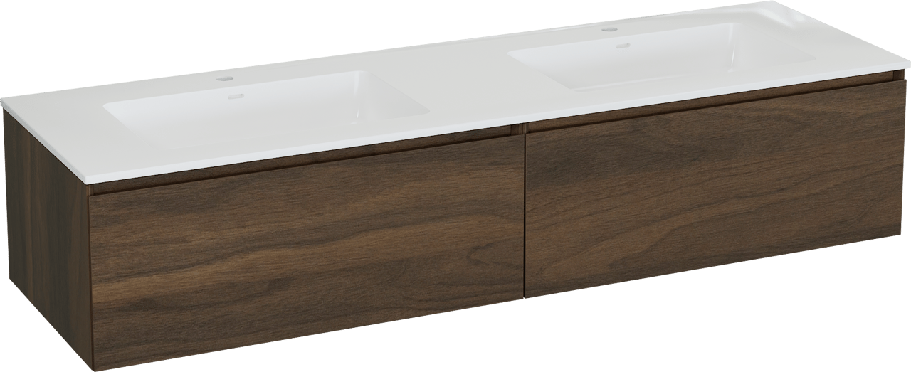 Storke Edge meuble salle de bains suspendu 170 x 52 cm noyer avec Bilia double vasque en marbre composite blanc brillant