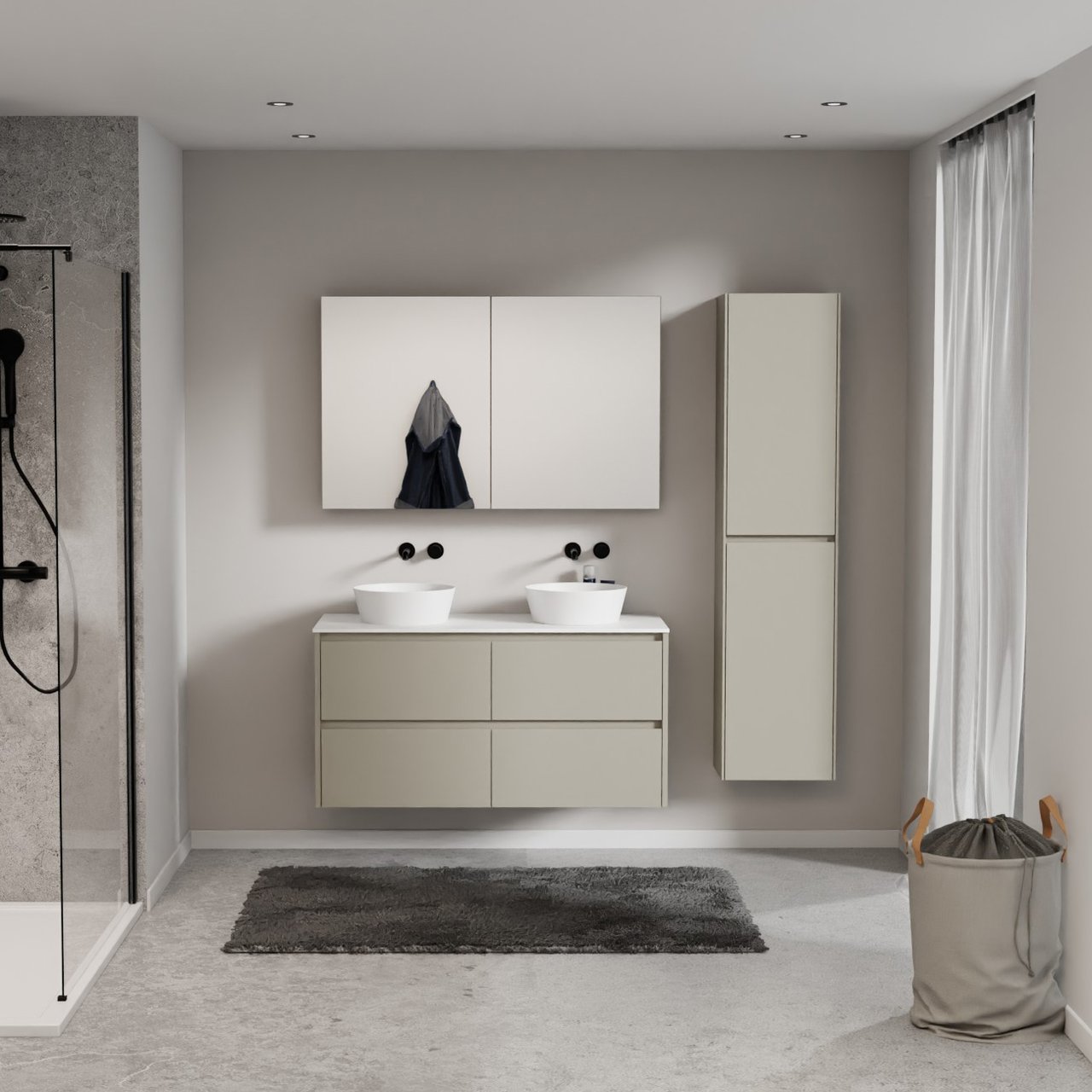 Storke Seda meuble salle de bains suspendu 120 x 52 cm soie grise avec Tavola tablette simple ou double en solid surface blanc mat