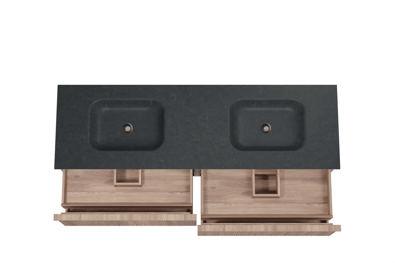 Balmani Forma meuble salle de bains suspendu 180 x 55 cm teck avec Tablo Arcato double vasque en granit noir, Nervure droite symétrique verticale