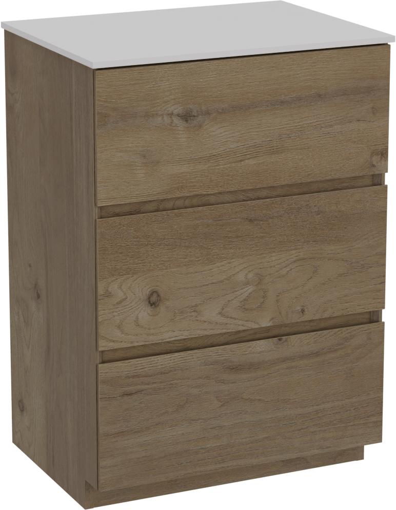 Storke Edge freistehendes Möbelstück Set: 60 x 46 cm, Rohe Eiche, mit Tavola Einzel Waschtischplatte, Solid Surface Weiß matt