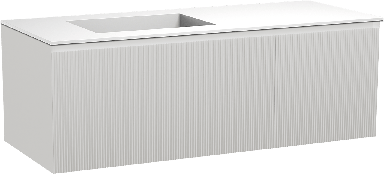 Balmani Fila hängendes Möbelstück Set: 135 x 55 cm, Weiß matt, mit Tablo Stretto Waschtisch links, Solid Surface, Weiß matt, Vertikale symmetrische gerade Rippe