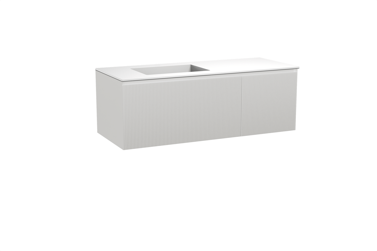 Balmani Fila meuble salle de bains suspendu 135 x 55 cm blanc mat avec Tablo Stretto plan vasque asymétrique à gauche en solid surface blanc mat, Nervure droite symétrique verticale