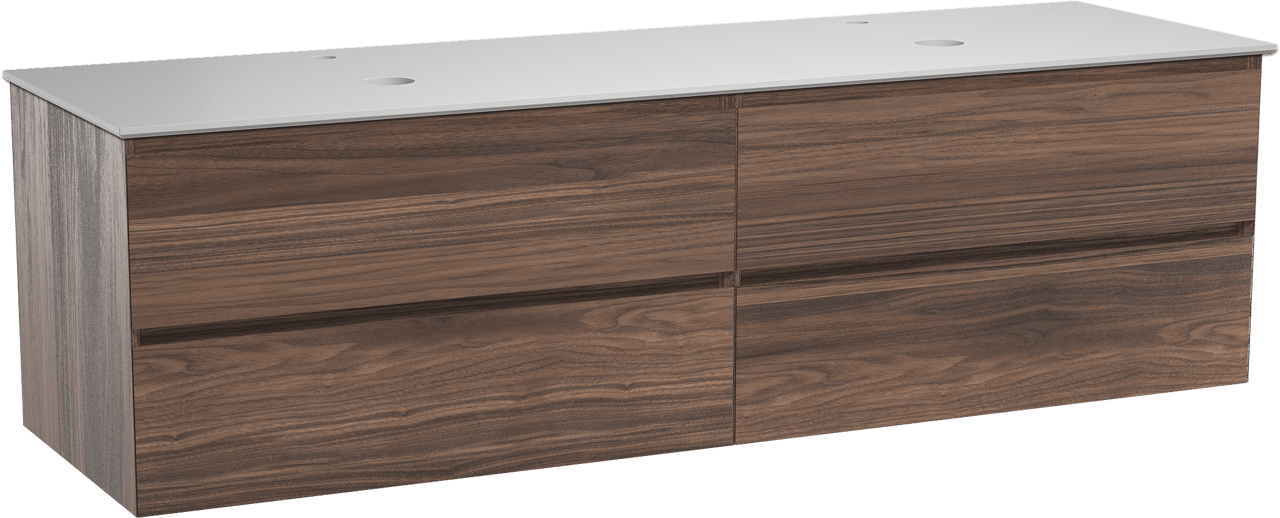 Balmani Mitra zwevend badkamermeubel 180 x 55 cm notelaar met Facetta dubbel tablet in solid surface mat wit