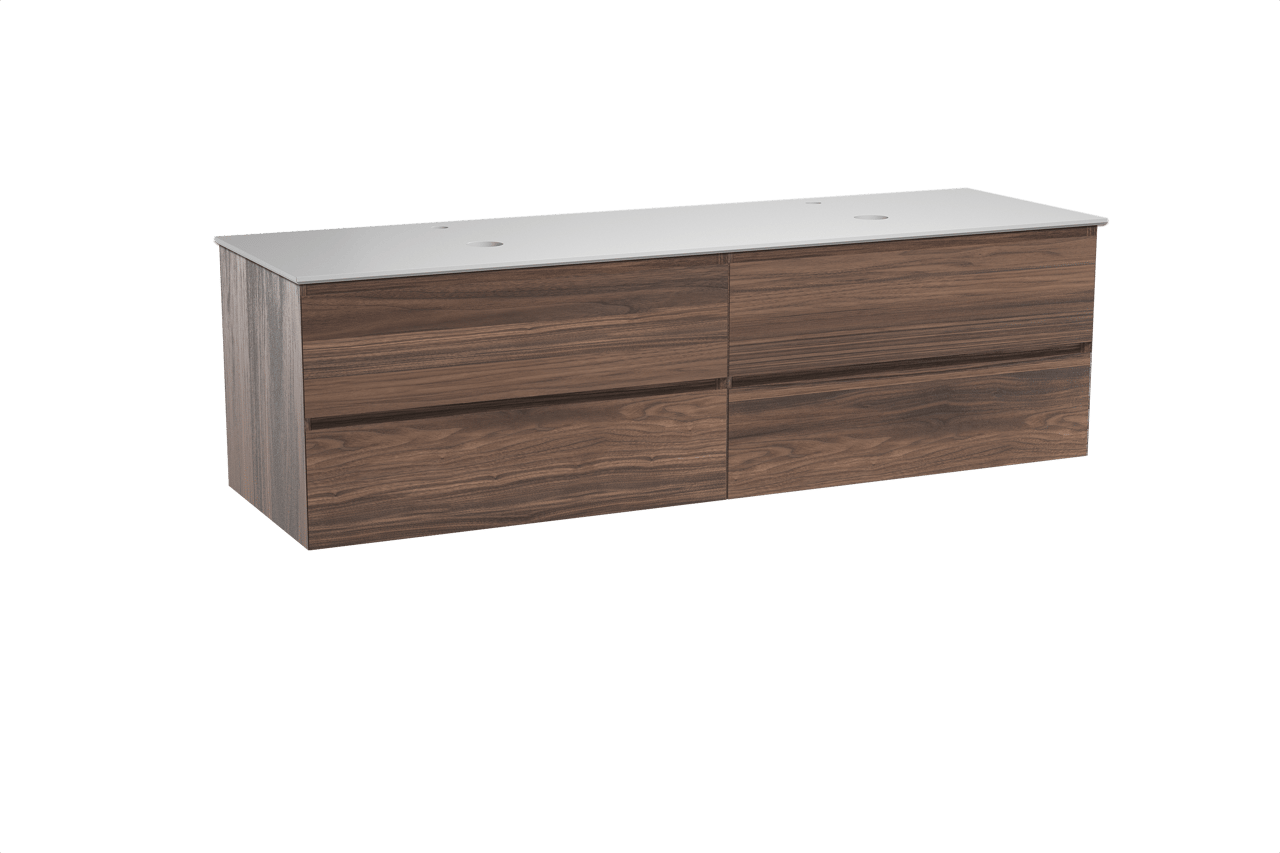 Balmani Mitra zwevend badkamermeubel 180 x 55 cm notelaar met Facetta dubbel tablet in solid surface mat wit