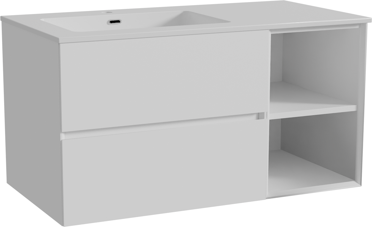 Storke Edge meuble salle de bains suspendu 100 x 52 cm blanc mat avec Diva vasque asymétrique gauche en marbre composite blanc brillant