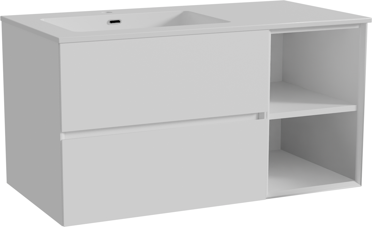 Storke Edge meuble salle de bains suspendu 100 x 52 cm blanc mat avec Diva plan vasque asymétrique à gauche en marbre composite blanc brillant