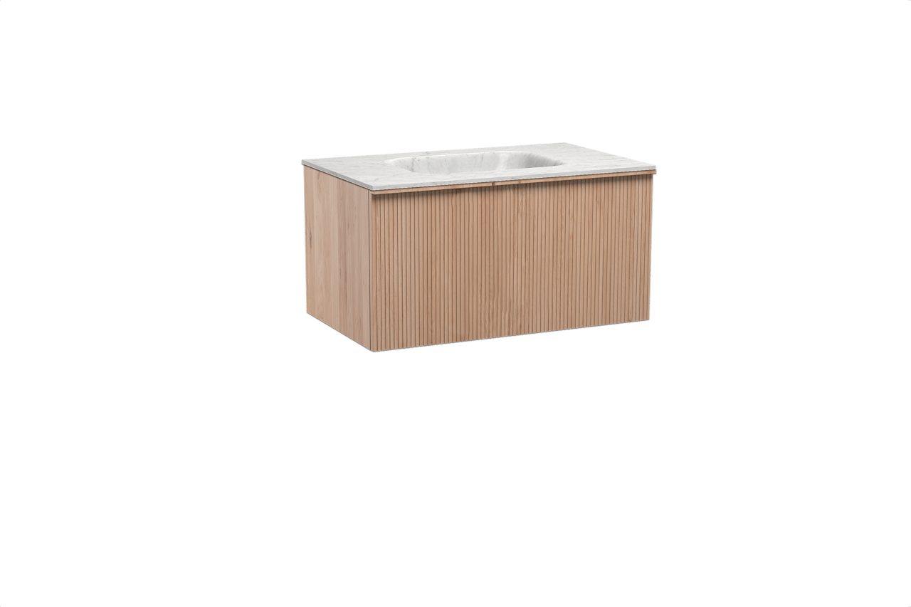 Balmani Forma zwevend badkamermeubel 90 x 55 cm natuur eik met Tablo Arcato enkele wastafel in marmer carrara, Verticale symmetrische rechte ribbel