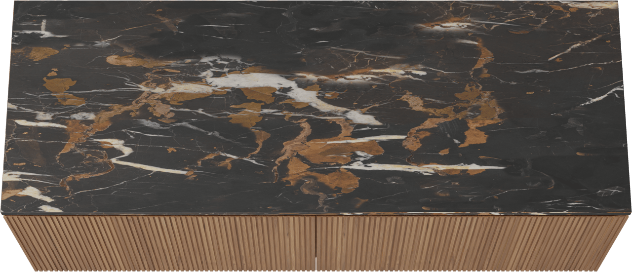 Balmani Eclips meuble salle de bains suspendu 150 x 55 cm Teck avec Stretto tablette simple ou double en Portoro Gold marbre, Nervure droite symétrique verticale