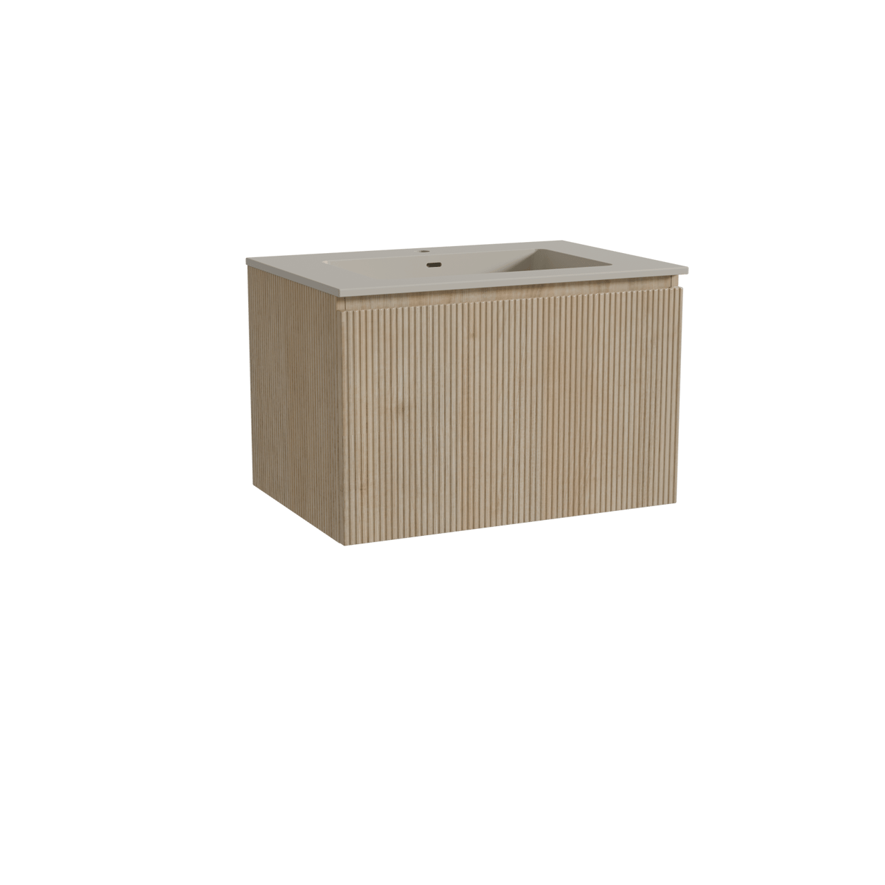 Storke Ribs zwevend badkamermeubel 75 x 52 cm ruwe eik met Diva enkele wastafel in top solid zijdegrijs, Verticale symmetrische rechte ribbel