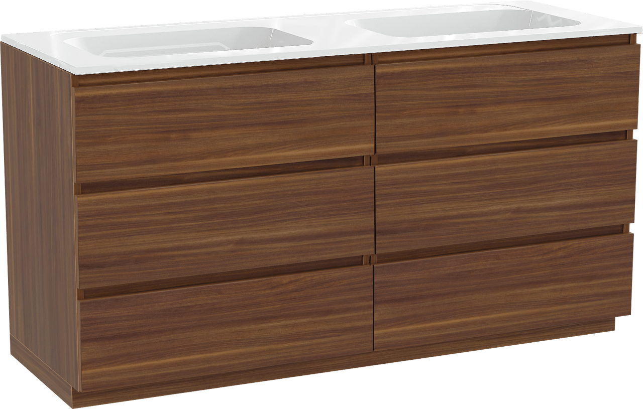 Balmani Lucida staand badmeubel 150 x 55 cm amerikaans notenhout met Tablo Strada dubbele wastafel in composietmarmer hoogglans wit