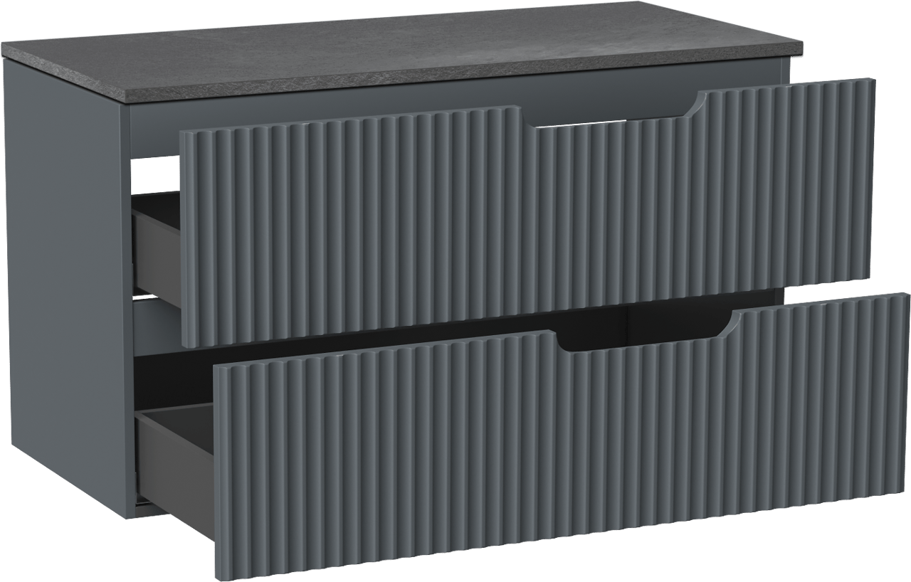 Linie Ribbo meuble salle de bains suspendu 100 x 46 cm bleu anthracite avec Lado tablette simple ou double en mélaminé ardoise gris, Nervure circulaire symétrique verticale