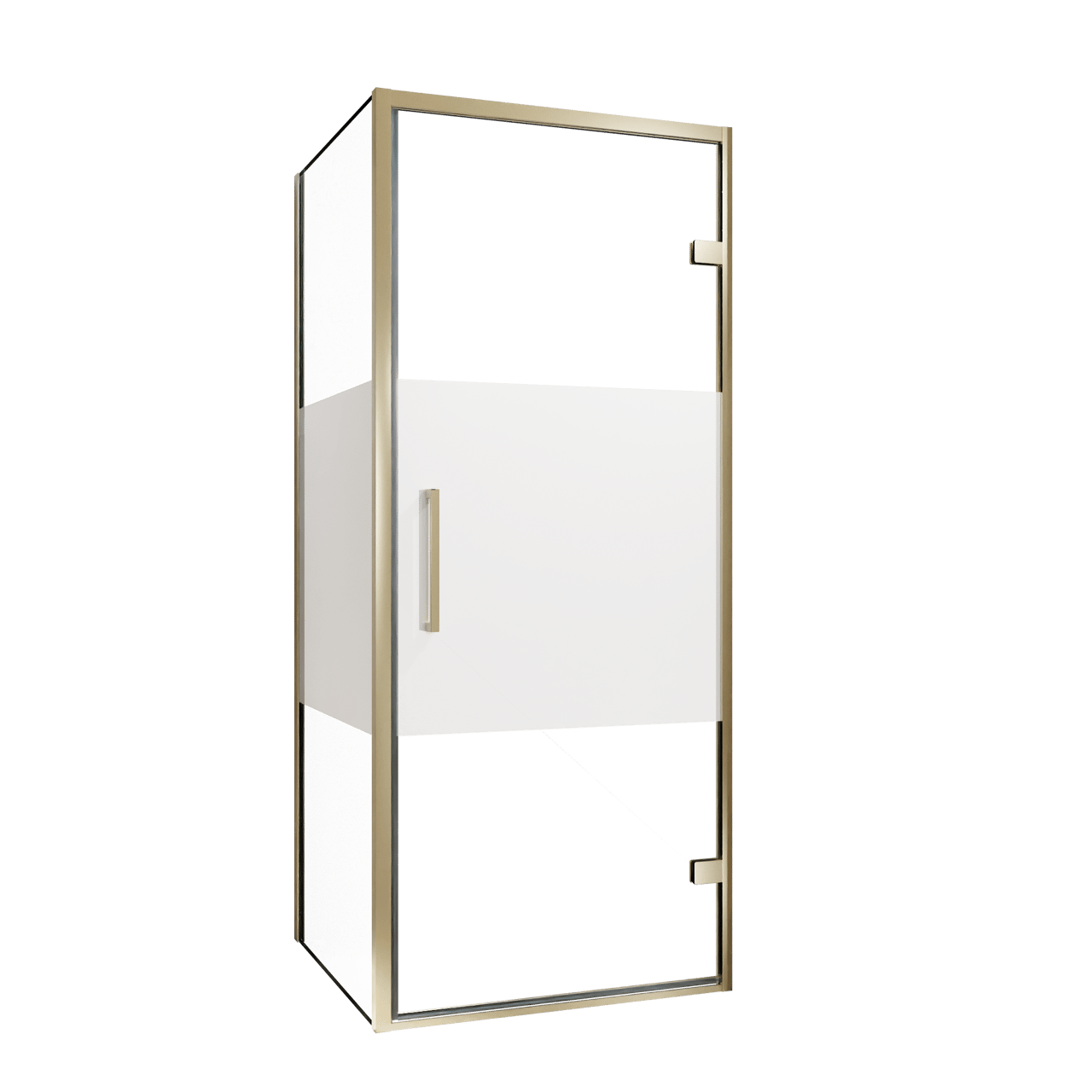 Balmani Senses Design douchecabine met rechtse draaideur en vaste zijwand, 90 x 100 cm, Helder glas met matte strook, Brushed Champagne Gold profielen