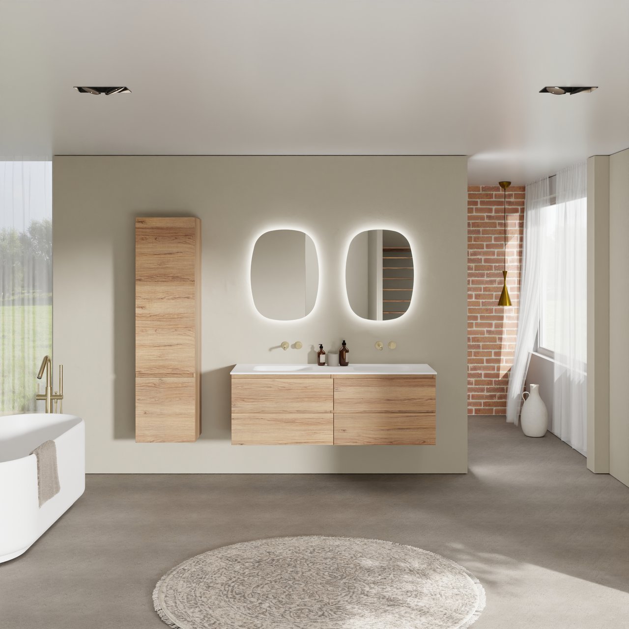 Balmani Lucida hängendes Möbelstück Set: 150 x 55 cm, Teak, mit Tablo Arcato Doppelwaschtisch, Solid Surface Weiß matt