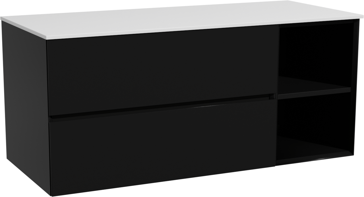 Storke Edge zwevend badmeubel 120 x 52 cm mat zwart met Tavola enkel of dubbel wastafelblad in solid surface mat wit
