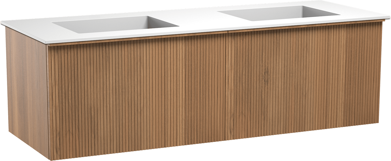 Balmani Forma zwevend badmeubel 150 x 55 cm teakhout met Tablo Stretto dubbele wastafel in solid surface mat wit, Verticale symmetrische rechte ribbel