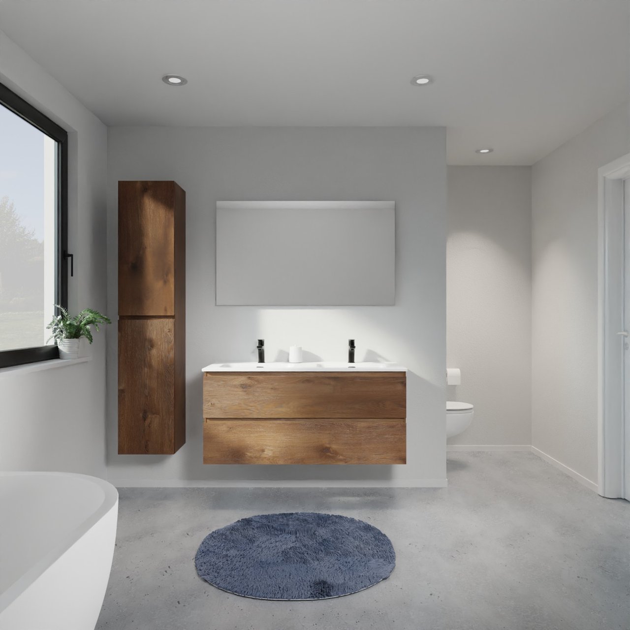 Linie Lado meuble salle de bains suspendu 120 x 46 cm chêne brun avec Baro double vasque en porcelaine blanc mat