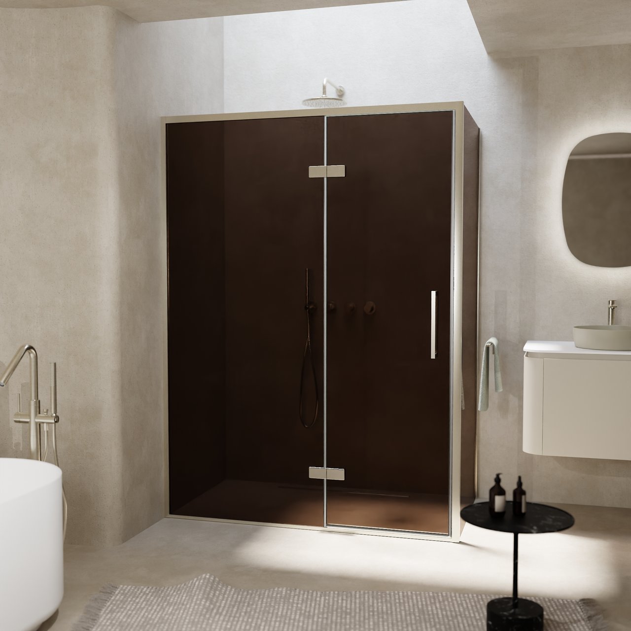 Balmani Senses Design douchehoek met linkse draaideur en vaste zijwand, 140 x 100 cm, Brons, Brushed CoolMetal profielen, met coating