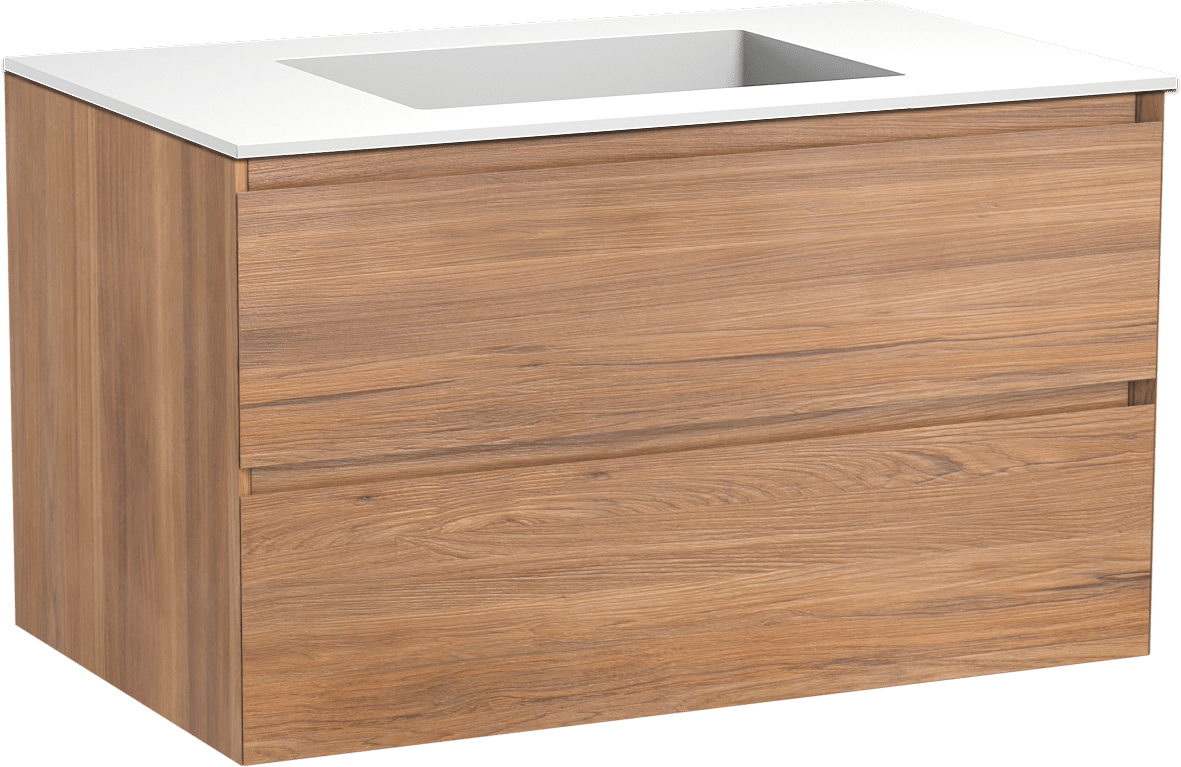 Balmani Mitra meuble salle de bains suspendu 90 x 55 cm teck avec Tablo Stretto plan simple en solid surface blanc mat