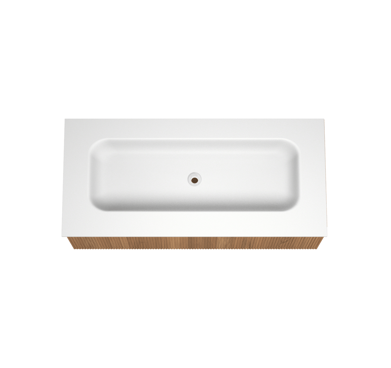 Balmani Forma zwevend badmeubel 120 x 55 cm teakhout met Tablo Arcato enkele wastafel voor 2 kraangaten in solid surface mat wit, Verticale symmetrische rechte ribbel