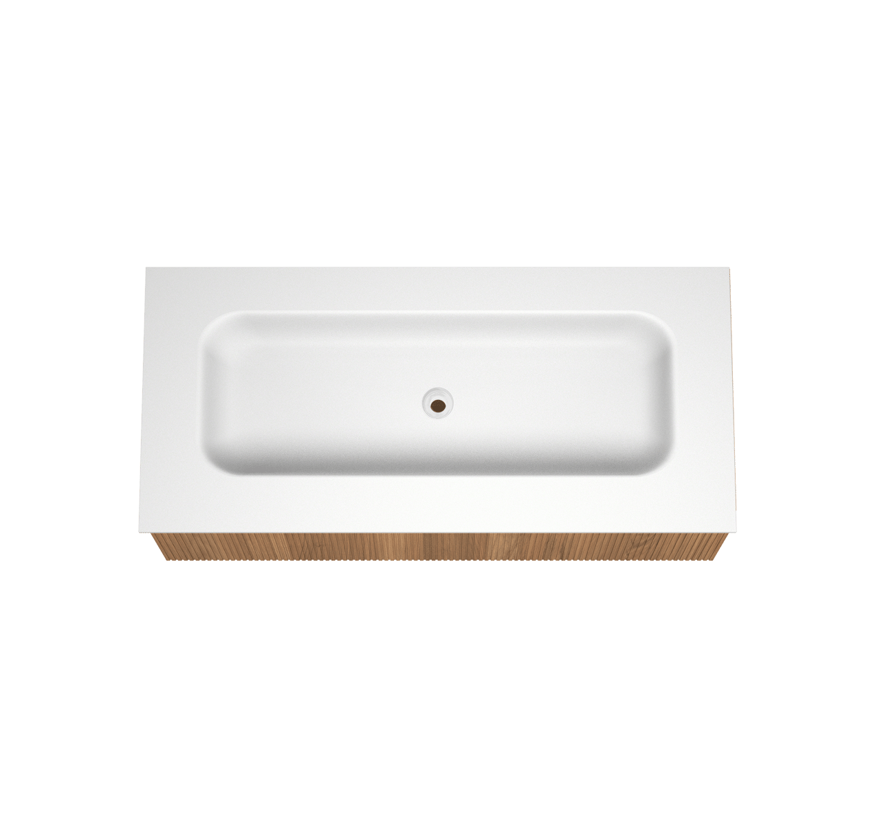 Balmani Forma zwevend badkamermeubel 120 x 55 cm teak met Tablo Arcato enkele wastafel voor 2 kraangaten in solid surface mat wit, Verticale symmetrische rechte ribbel