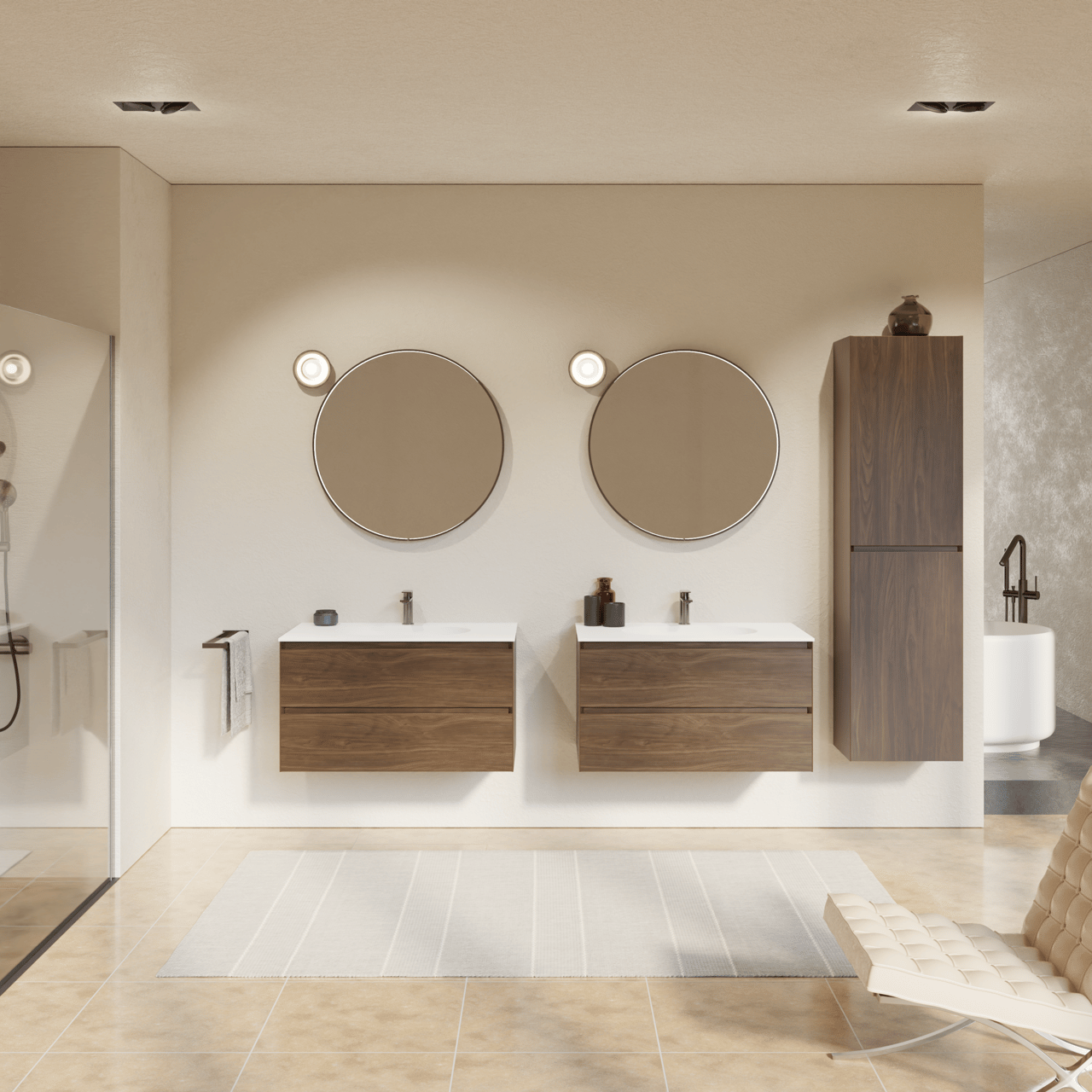 Balmani Mitra meuble salle de bains suspendu 90 x 55 cm noyer américain avec Tablo Oval plan simple en solid surface blanc mat