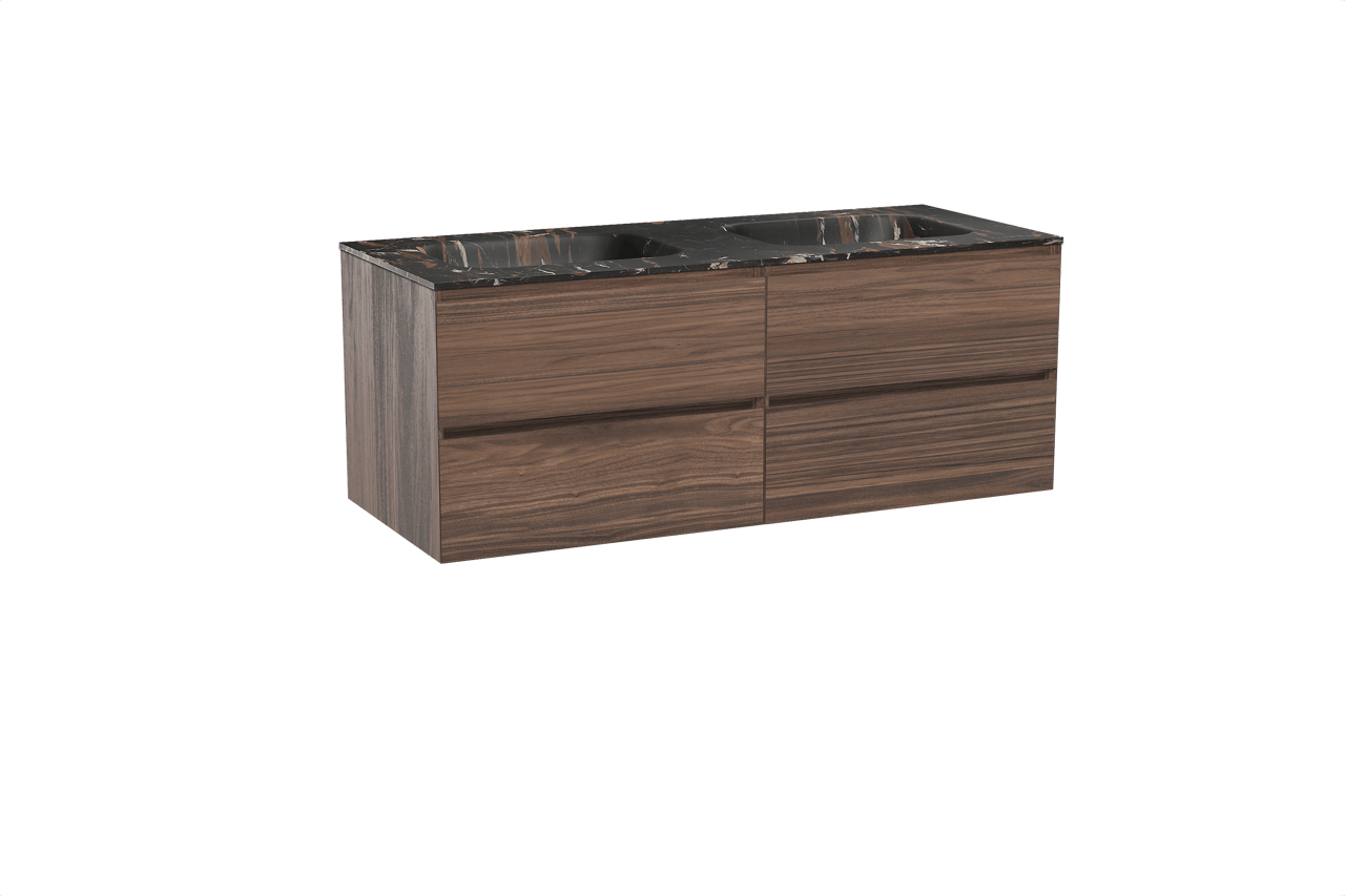 Balmani Mitra zwevend badkamermeubel 135 x 55 cm notelaar met Tablo Arcato dubbele wastafel in marmer portoro gold