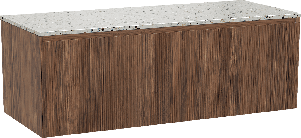 Balmani Fila zwevend badmeubel 135 x 55 cm notenhout met Stretto enkel of dubbel wastafelblad in mat wit/zwart terrazzo, Verticale symmetrische rechte ribbel