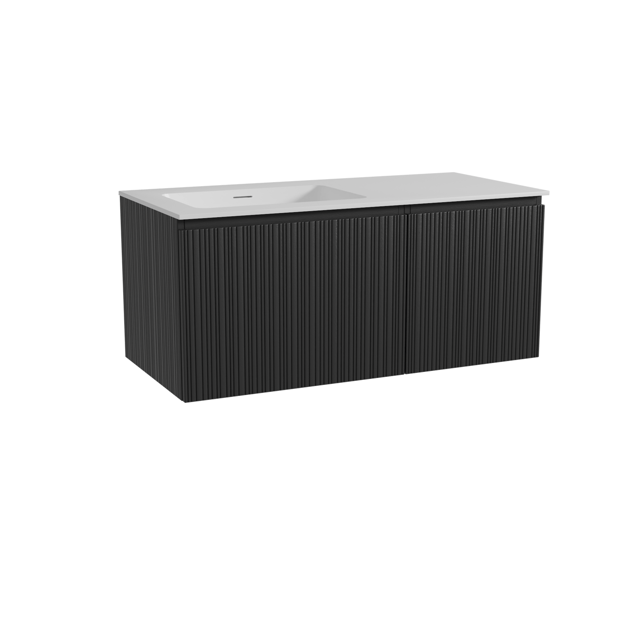 Storke Ribs zwevend badmeubel 110 x 52 cm zwart eiken met Mata asymmetrisch linkse wastafel in solid surface mat wit, Verticale asymmetrische rechte ribbel